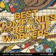 A illustration that says Best Companies for Remote Workers that has stylistic images of a french press, coffee, office supplies, and plants.